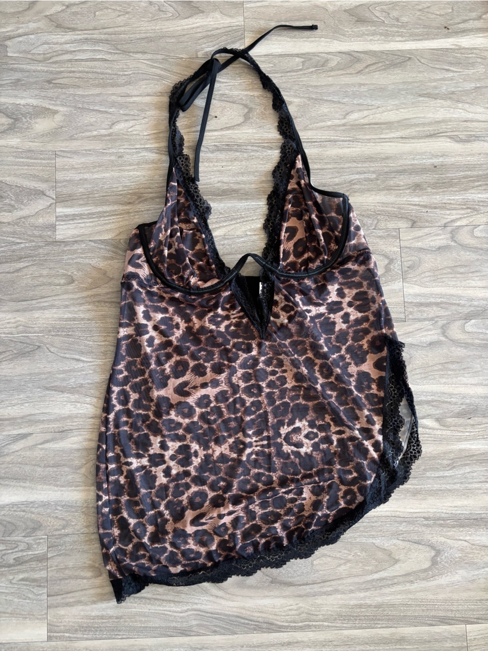 Leopard Print Halter Lace-Trim Chemise - Brown/Black